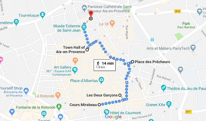 Mapa de roteiro de um dia em Aix