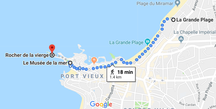 Mapa de roteiro de um dia em Biarritz