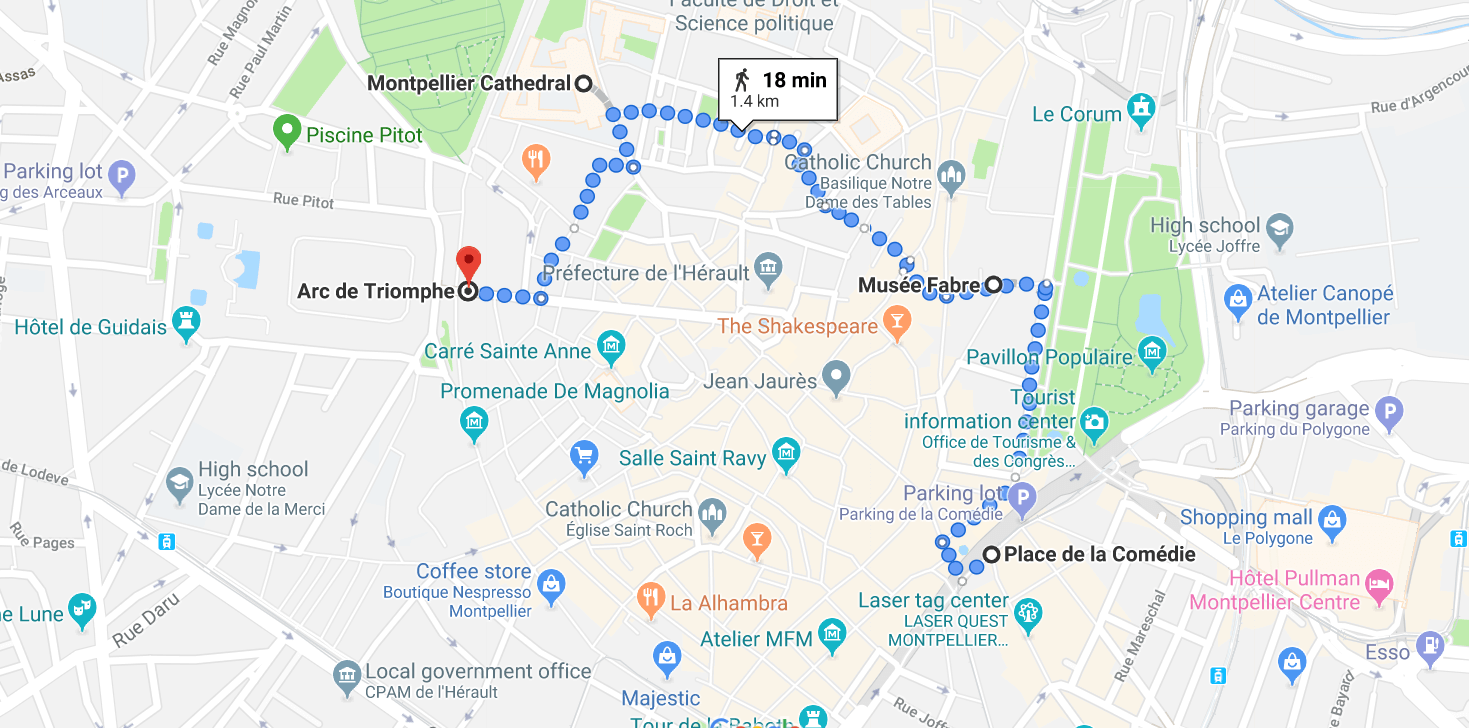 Mapa de roteiro de um dia em Montpellier