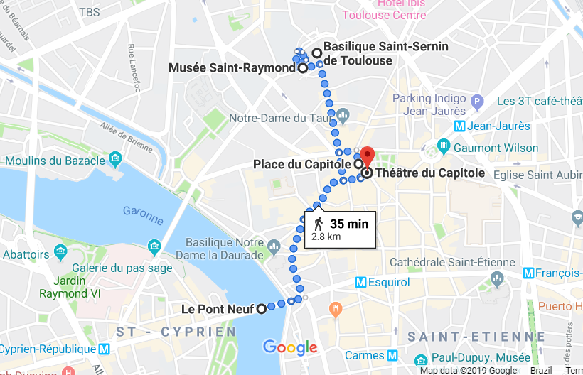 Mapa do roteiro de um dia em Toulouse