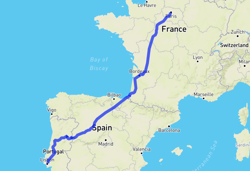 Mapa do trajeto de carro de Paris a Lisboa