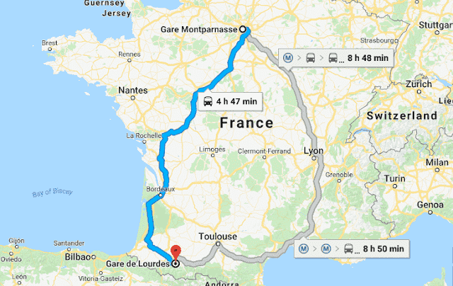 Mapa da viagem de trem de Lourdes a Paris