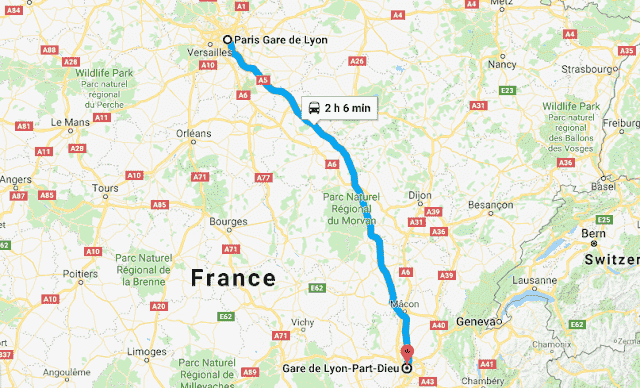 Mapa da viagem de trem de Lyon a Paris