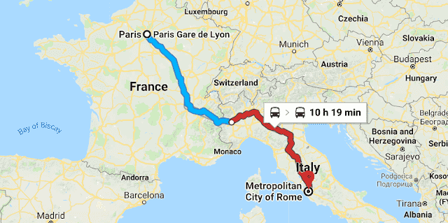 Mapa da viagem de trem de Paris a Roma