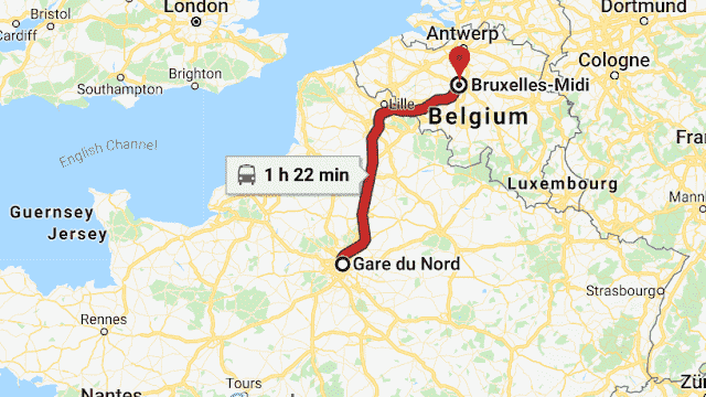 Mapa viagem de trem de Paris a Bruxelas