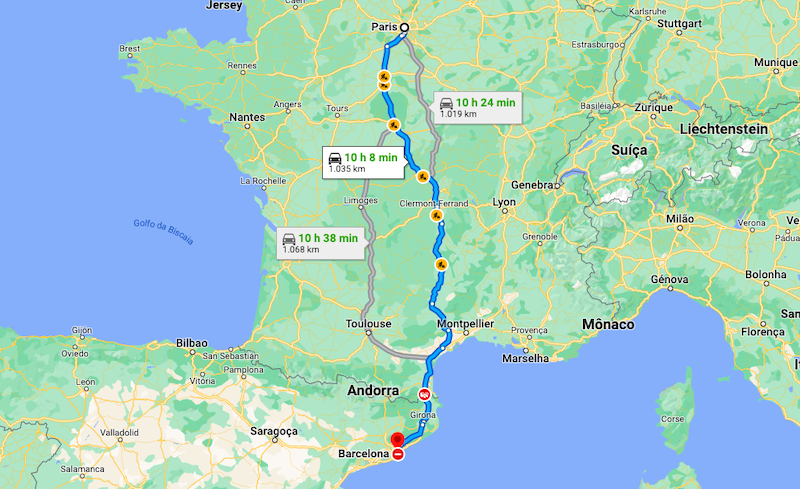 Mapa da viagem de carro de Paris a Barcelona