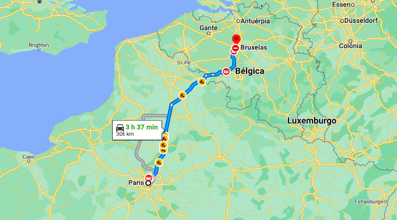 Mapa da viagem de carro de Paris a Bruxelas