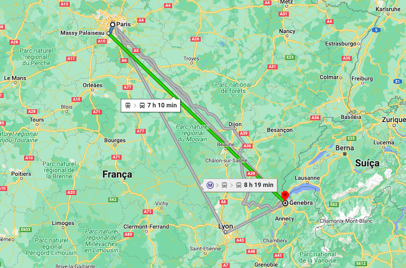 Mapa da viagem de trem de Paris a Genebra