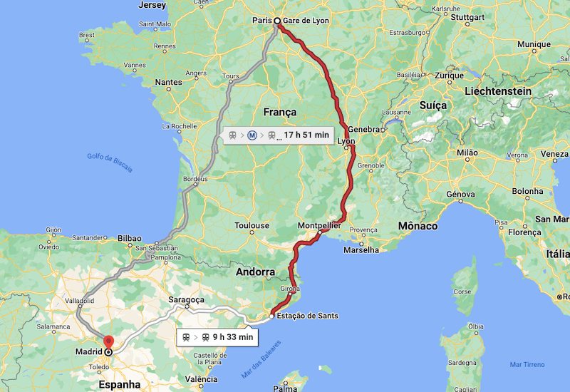 Mapa da viagem de trem de Paris a Madri