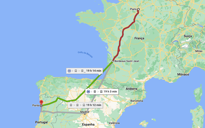 Mapa da viagem de trem de Paris a Porto