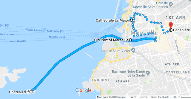 Mapa do roteiro de um dia em Marselha