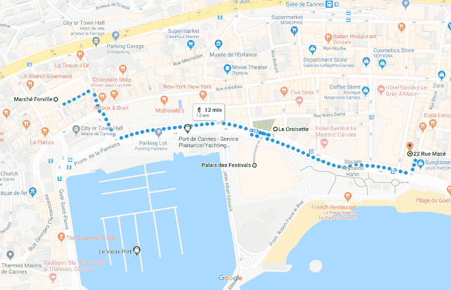 Mapa do roteiro de um dia em Cannes