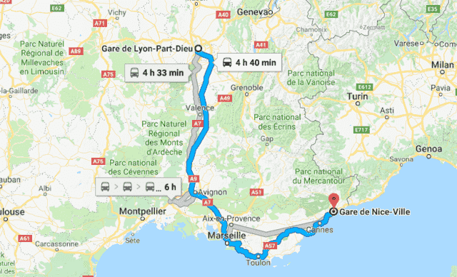 Mapa viagem de Lyon a Nice