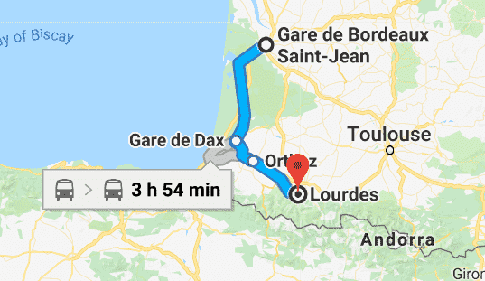 Mapa da viagem de trem de Bordeaux a Lourdes
