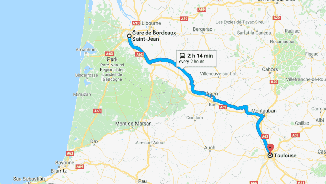 Mapa da viagem de trem de Bordeaux a Toulouse