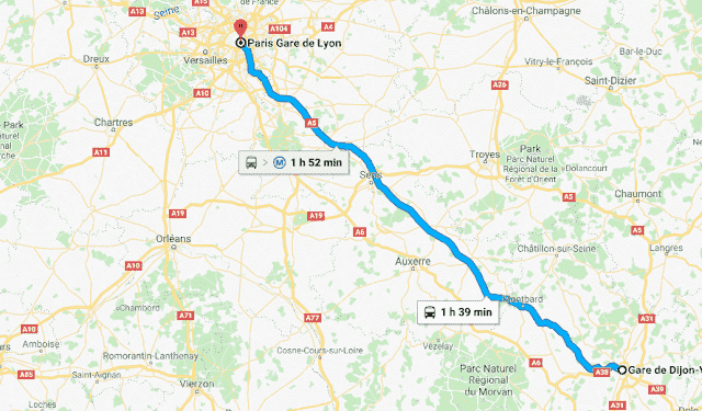 Mapa da viagem de trem de Dijon a Paris
