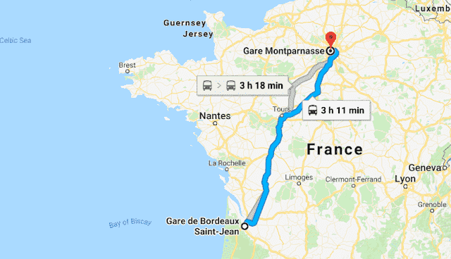 Mapa da viagem de trem de Bordeaux a Paris