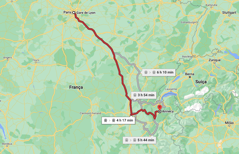 Mapa da viagem de trem de Paris a Annecy