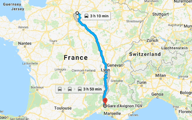 Mapa da viagem de trem do aeroporto de Paris a Avignon
