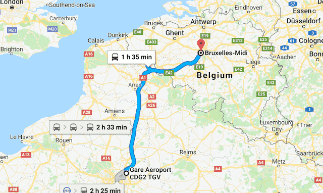 Mapa da viagem de trem do aeroporto de Paris a Bruxelas