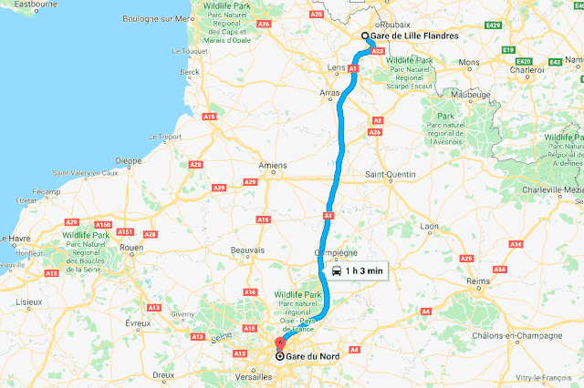 Mapa da viagem de trem de Lille a Paris