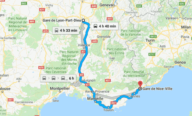 Mapa da viagem de trem de Lyon a Nice