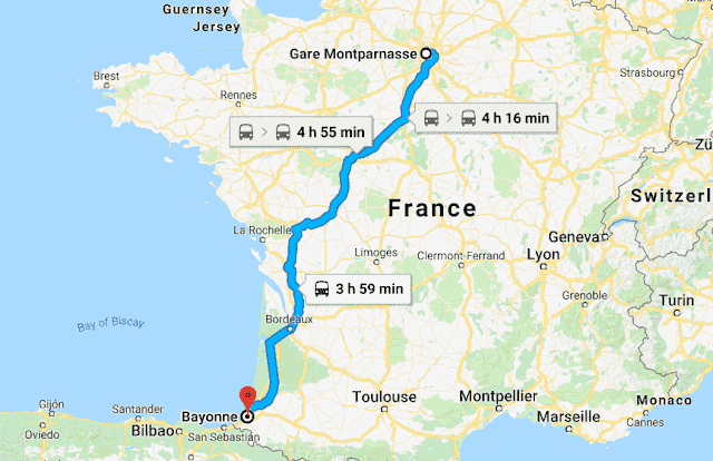 Mapa da viagem de trem de Paris a Bayonne