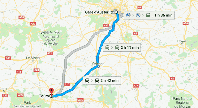 Mapa da viagem de trem de Tours a Paris