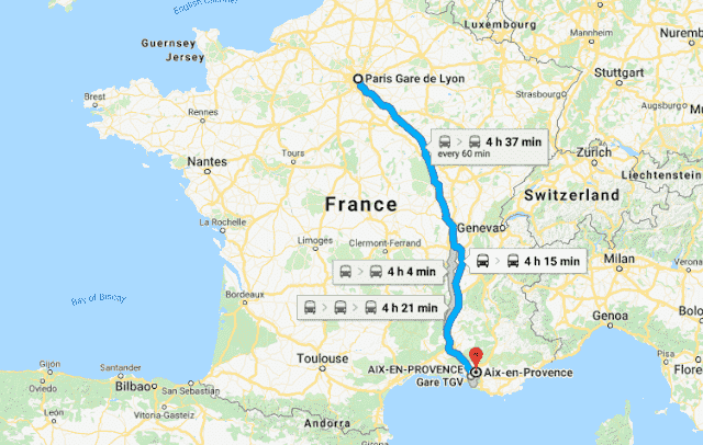 Mapa da viagem de trem de Aix a Paris