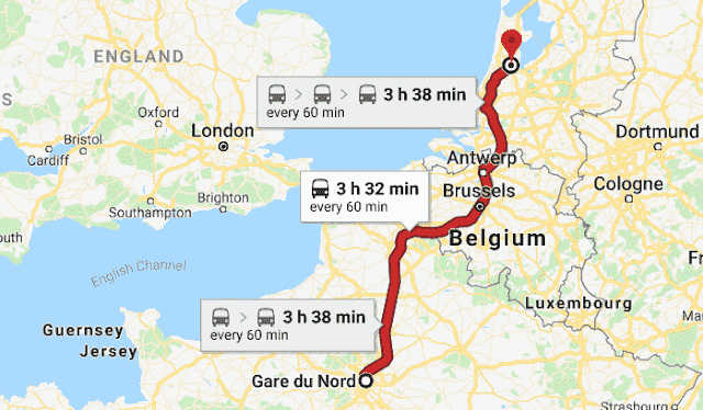 Mapa da viagem de trem de Paris a Amsterdã