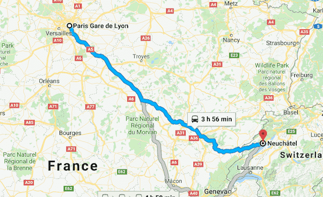 Mapa da viagem de trem de Paris a Neuchatel
