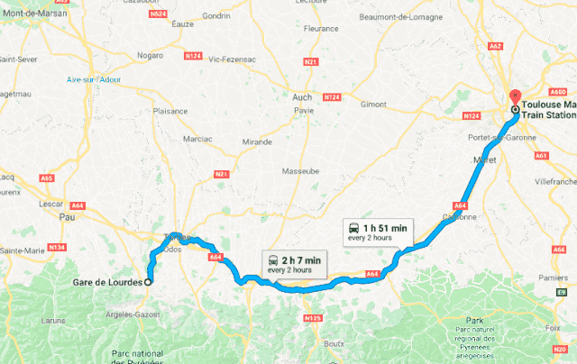 Mapa da viagem de trem de Toulouse a Lourdes
