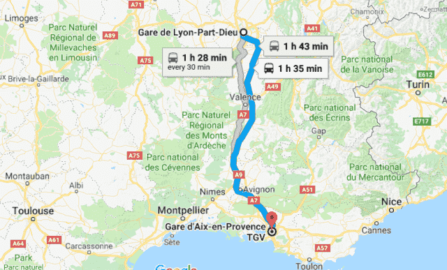 Mapa da viagem de trem de Lyon a Aix