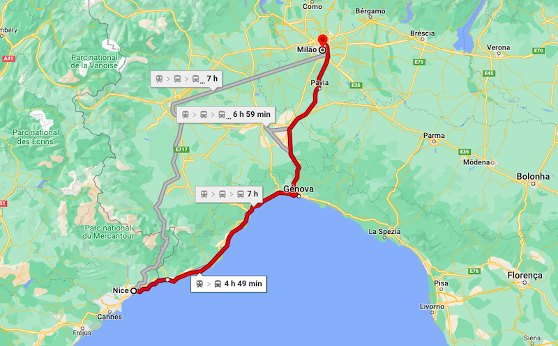 Mapa da viagem de trem de Nice a Milão