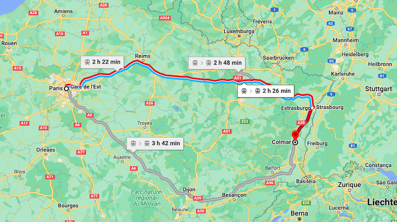 Mapa da viagem de trem de Paris a Colmar