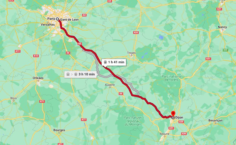 Mapa da viagem de trem de Paris a Dijon