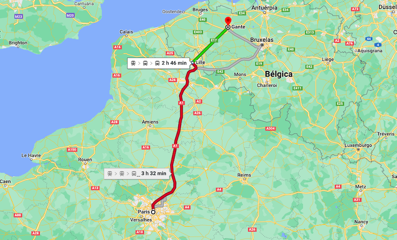 Mapa da viagem de trem de Paris a Ghent