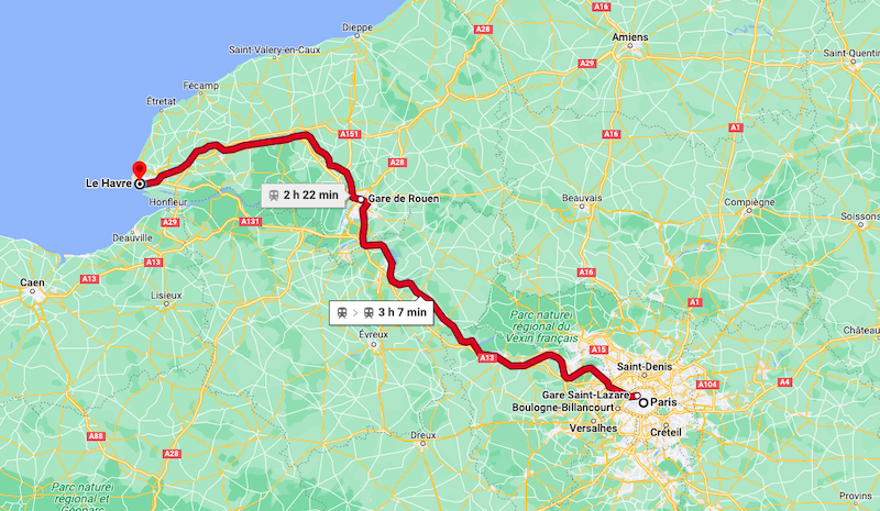 Mapa da viagem de trem de Paris a Le Havre