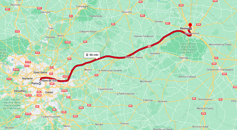 Mapa da viagem de trem de Reims a Paris