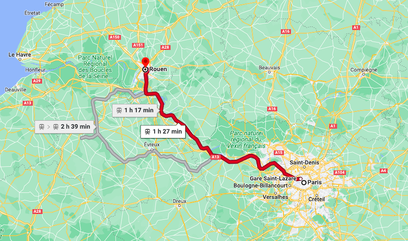 Mapa da viagem de trem de Paris a Rouen