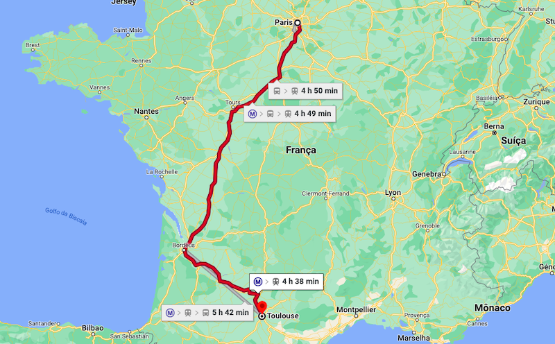 Mapa da viagem de trem de Toulouse a Paris