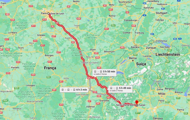 Mapa da viagem de trem de Paris a Turim