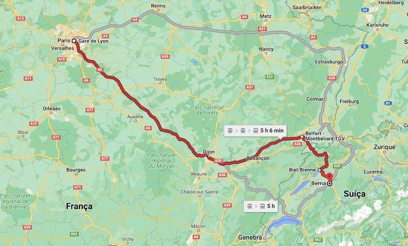 Mapa da viagem de trem de Paris a Berna