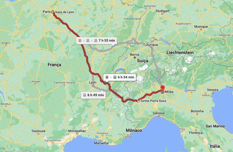 Mapa da viagem de trem de Paris a Milão