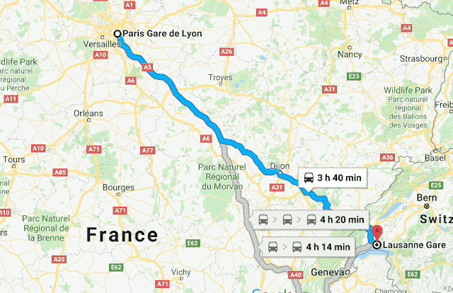 Mapa da viagem de trem de Paris a Lausanne