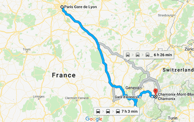 Mapa da viagem de trem de Paris a Chamonix