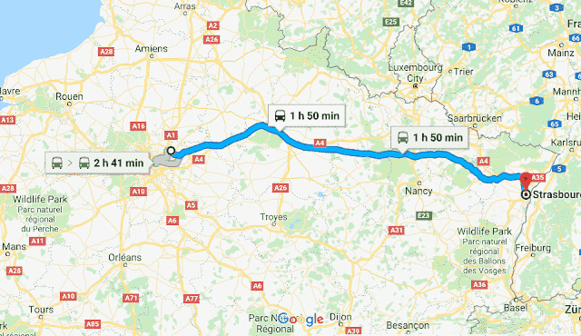 Mapa da viagem de trem do aeroporto de Paris a Estrasburgo