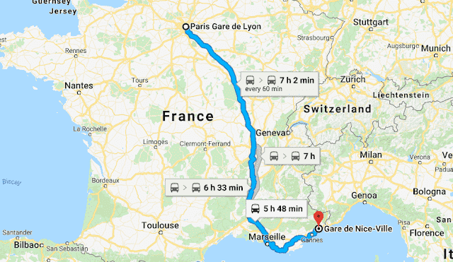Mapa da viagem de trem de Nice a Paris