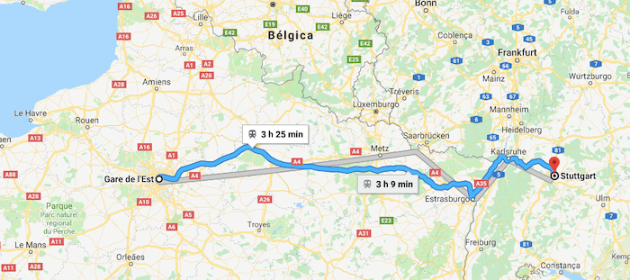 Mapa da viagem de trem de Paris a Stuttgart