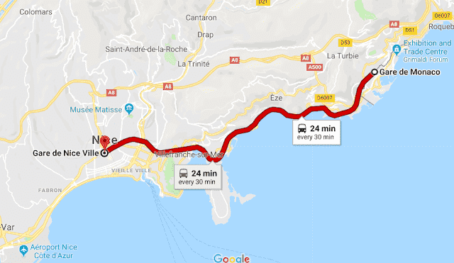 Mapa da viagem de trem de Nice a Mônaco